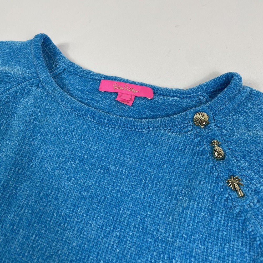 Lilly Pulitzer Sweater Womens L Blue Polyester Crew Neck Tropical Button Knit